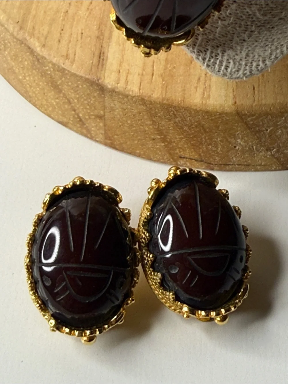 Vintage MMA Carnelian Bead Necklace earring Gold plate Scarab Egyptian revival⭐️ - Picture 4 of 17